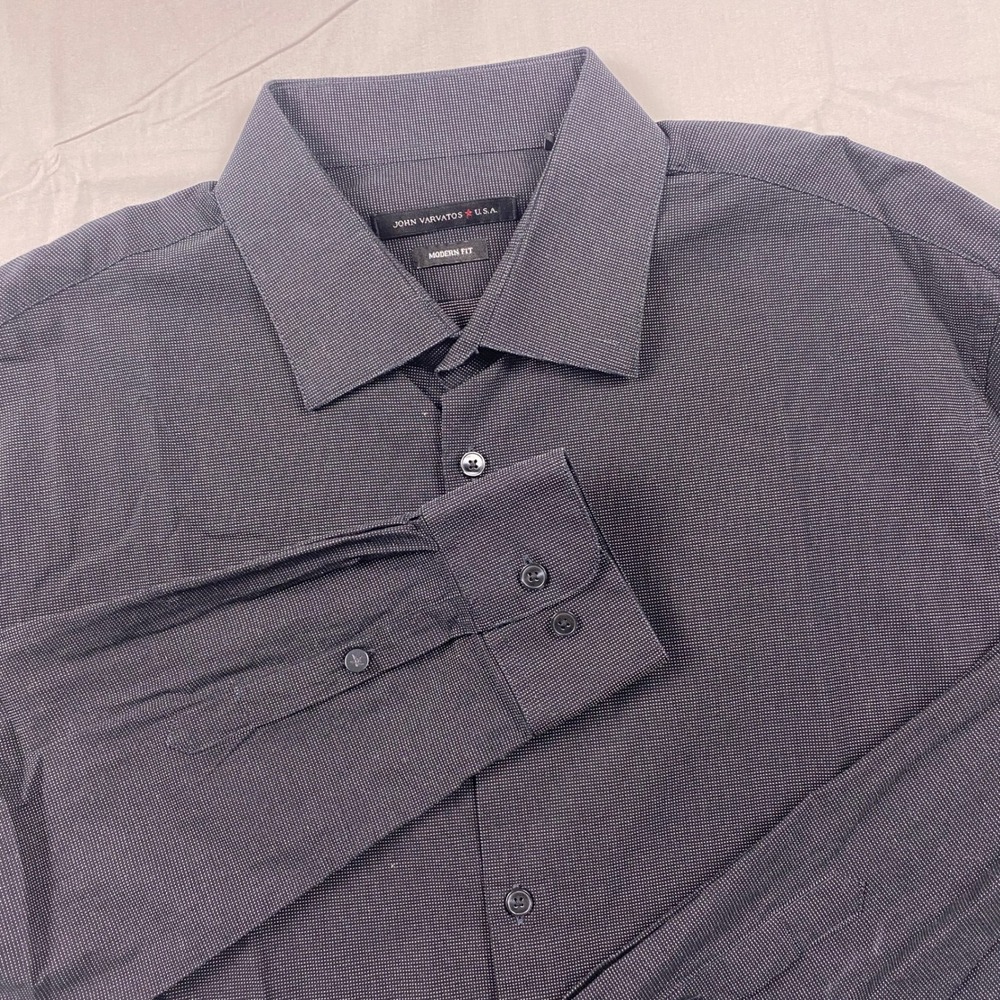 John Varvatos Star USA Button Down Shirt Mens 17.5 Navy Cotton Stretch Micro Dot
